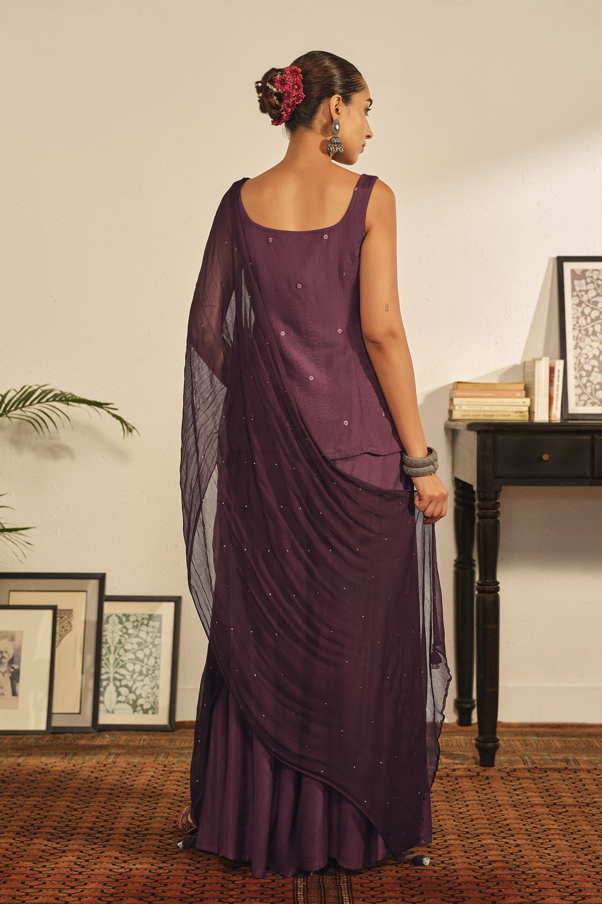 Embroidered Kurta Set in Wine, Wine, image 7